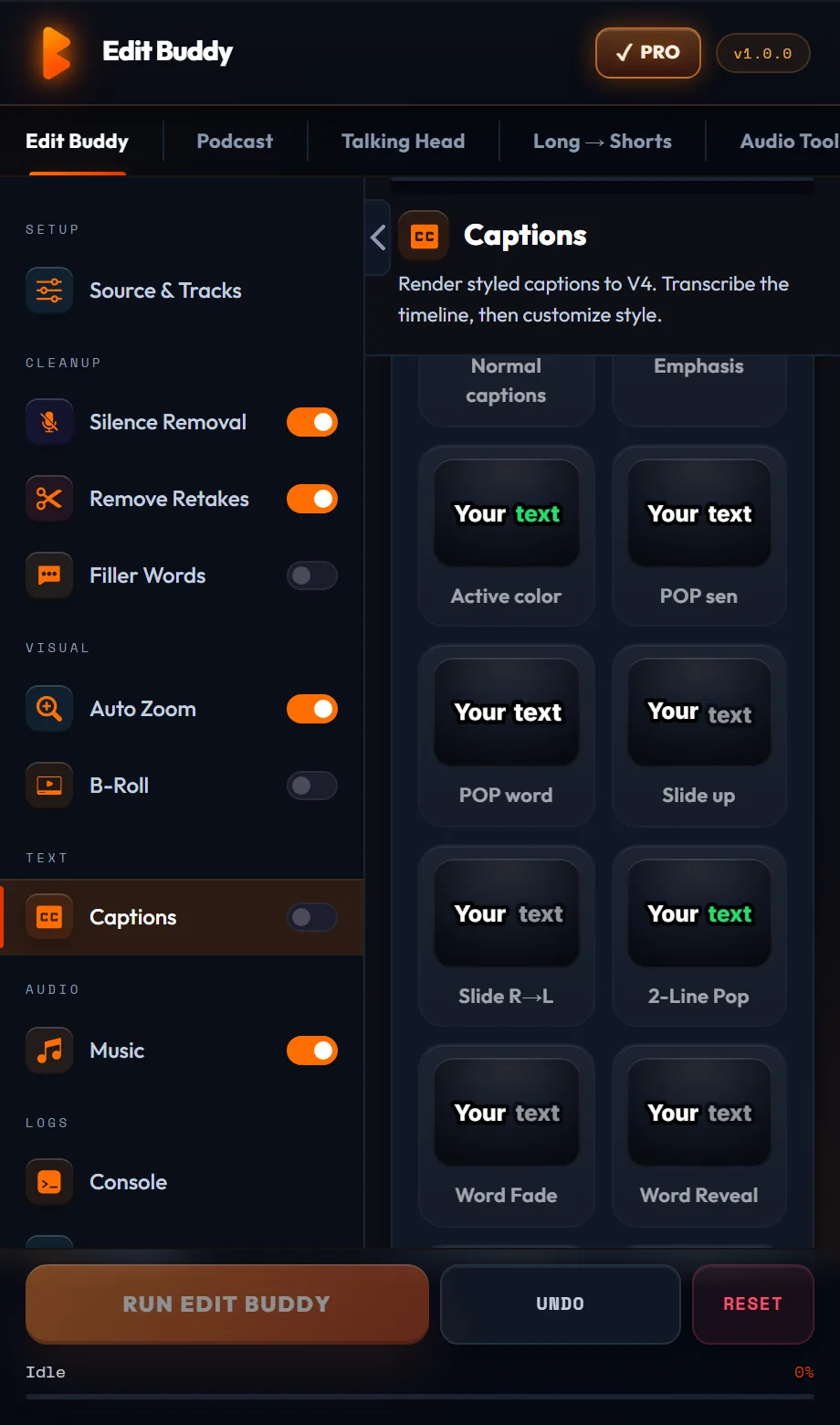 EditBuddy captions panel in Premiere Pro with word-by-word animated caption styles for YouTube Shorts