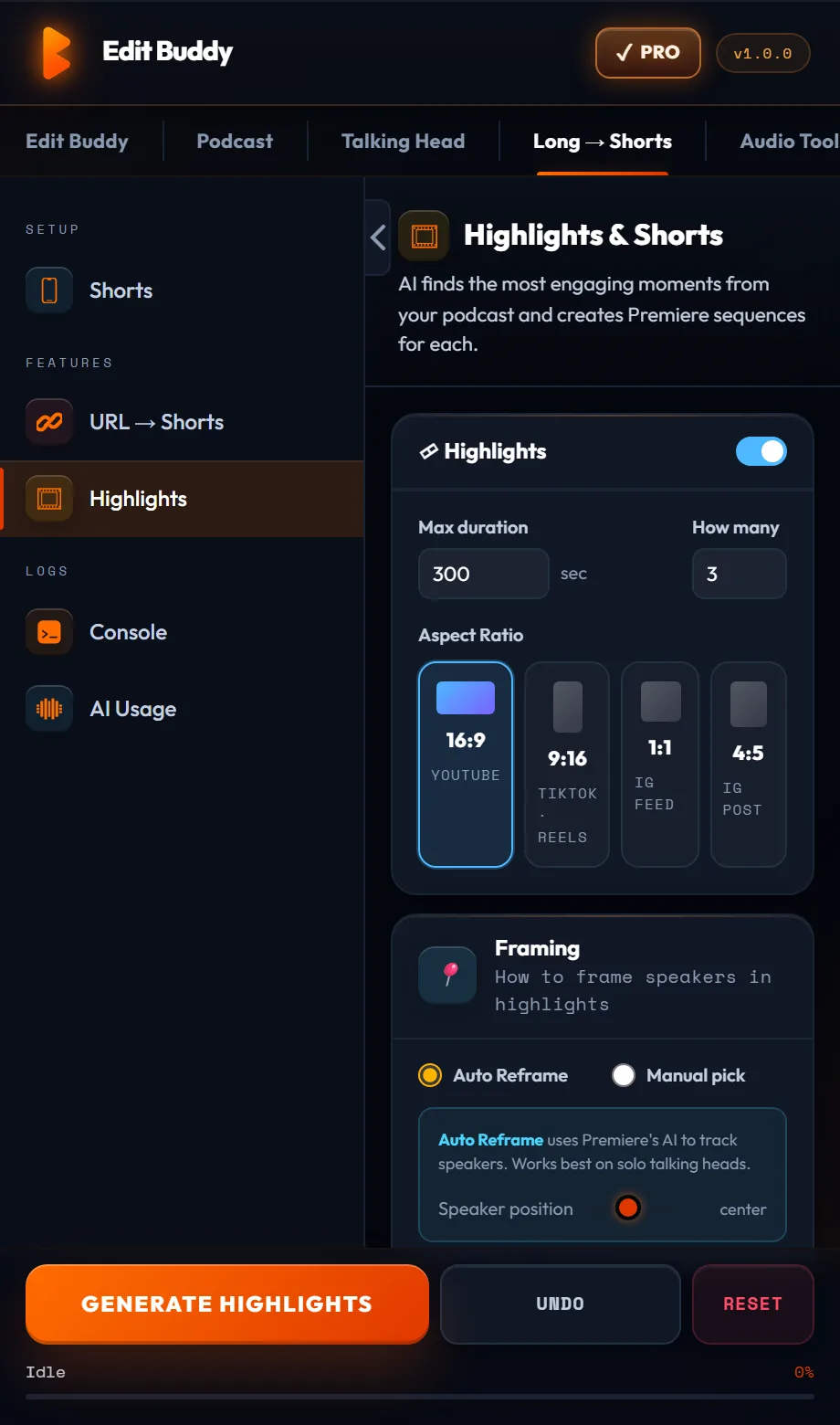 EditBuddy Highlights — AI finds the most engaging moments and builds Premiere sequences, in the real panel