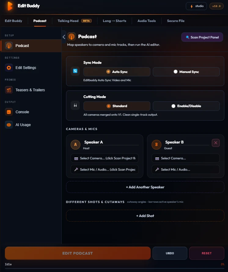 EditBuddy Podcast editor — speakers mapped to cameras and mics with auto sync, in the real panel