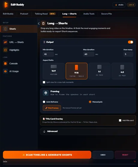 EditBuddy Shorts panel in Adobe Premiere Pro finding viral moments in a long-form video