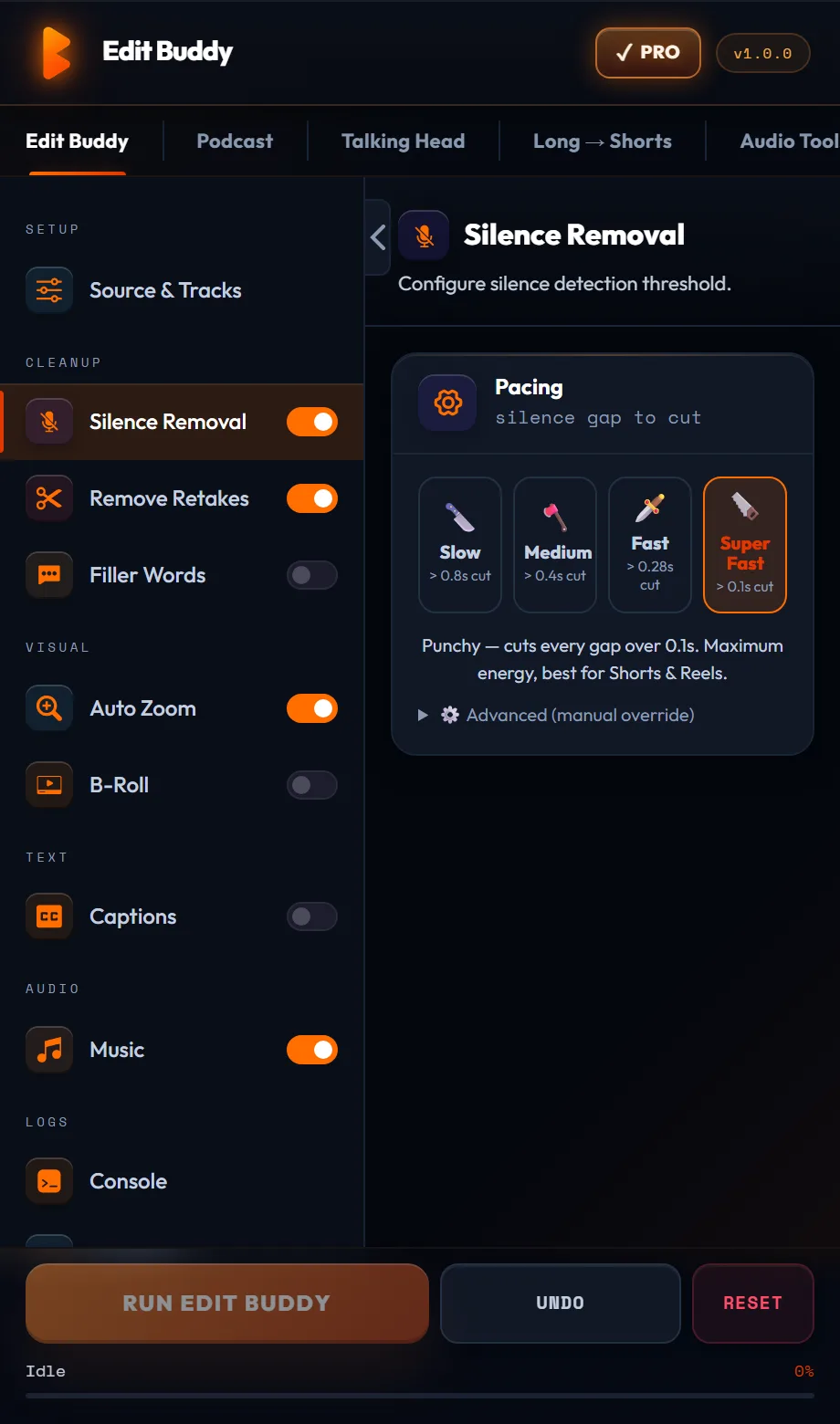 EditBuddy Silence Removal — pacing presets from Slow to Super Fast inside the real panel