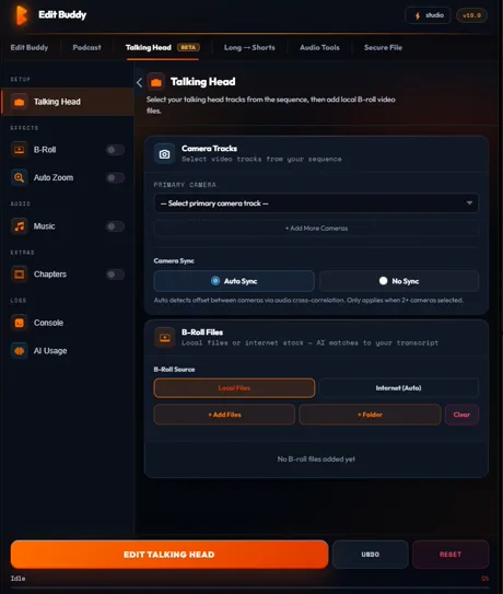EditBuddy talking head panel in Adobe Premiere Pro with automatic zoom punch-in settings