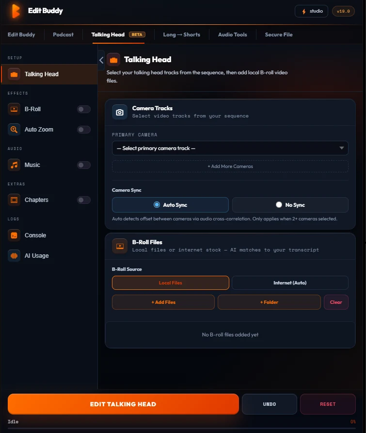 EditBuddy Talking Head — footage source, camera tracks and pipeline steps, in the real panel