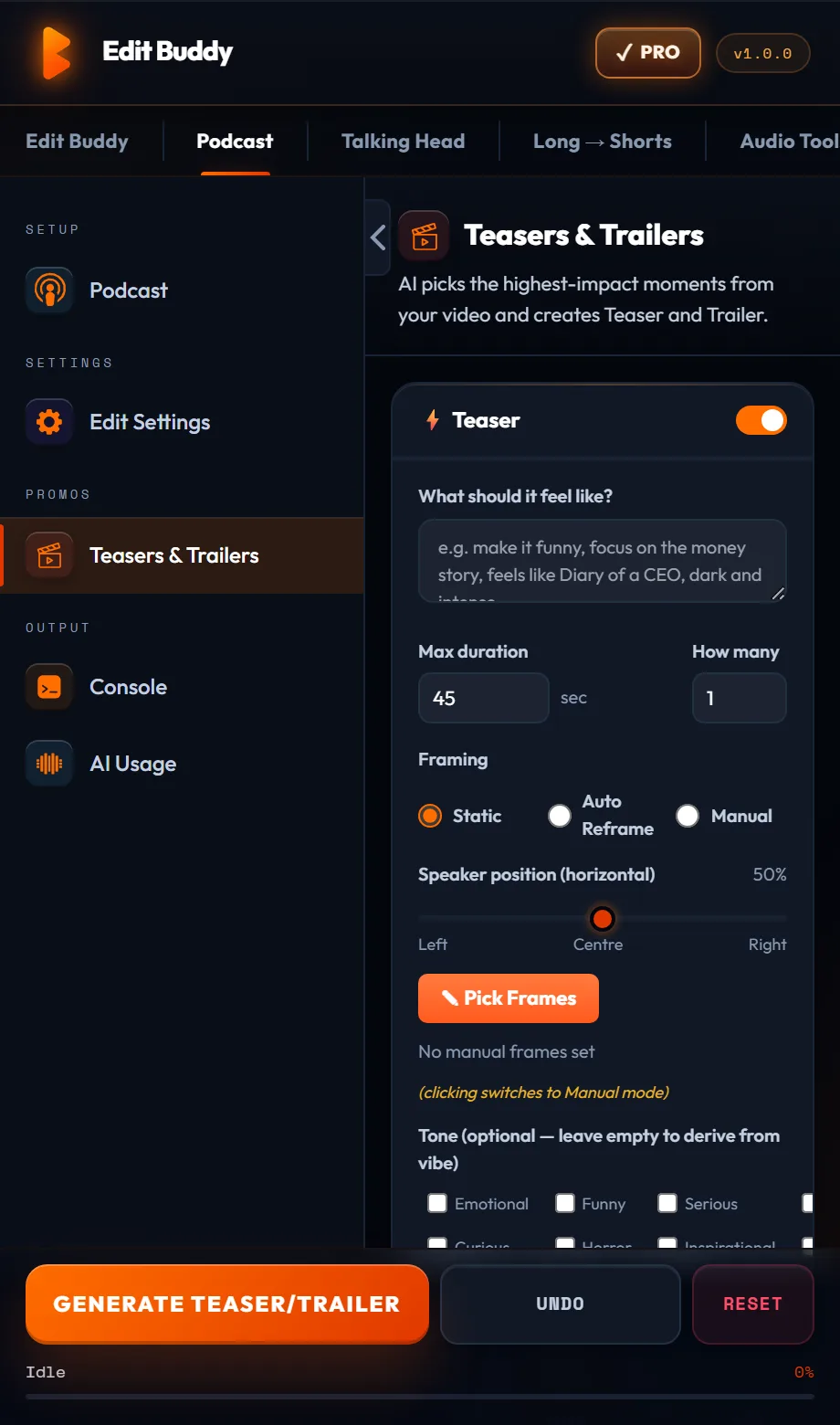 EditBuddy Teasers and Trailers — vibe prompt, tone and aspect ratio controls, in the real panel